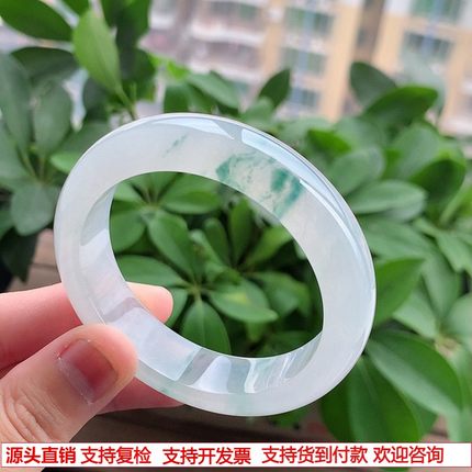 缅甸A货天然翡翠 老坑高冰种冰飘花正装正圈手镯50-51小圈口