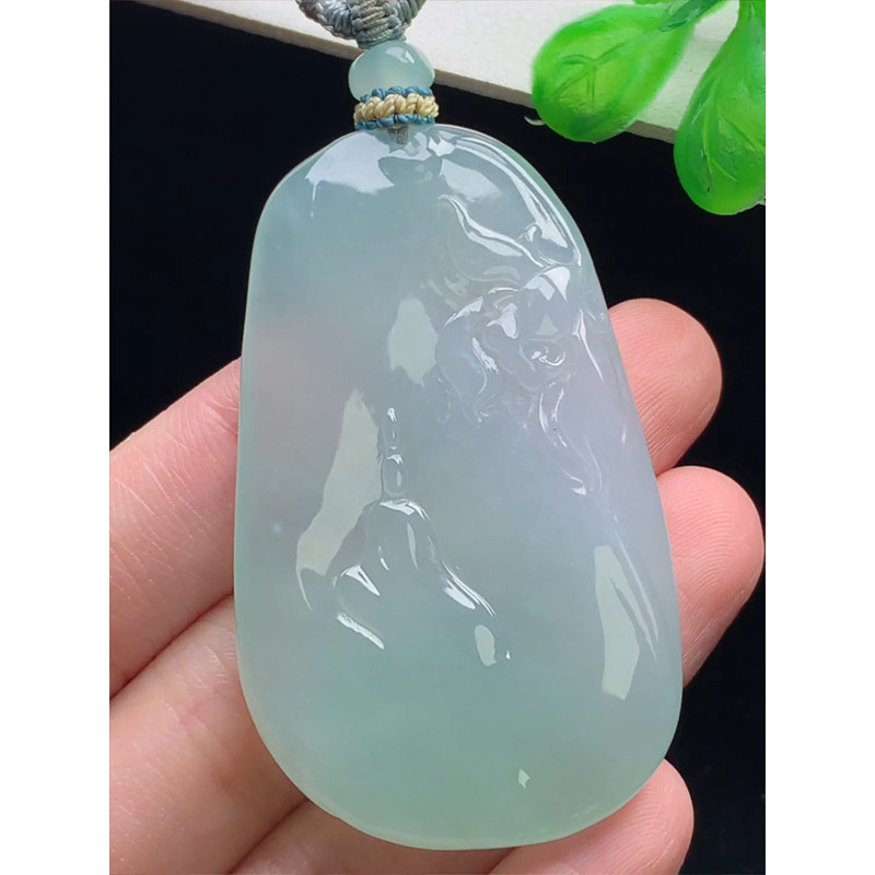 缅甸天然A货玉石翡翠 老坑冰种手工精雕晴水悟道牌吊坠