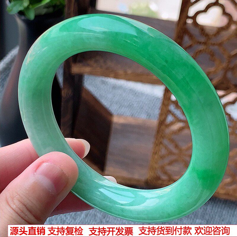 缅甸A货天然翡翠 老坑冰种满绿阳绿胖圆条手镯57-58圈口