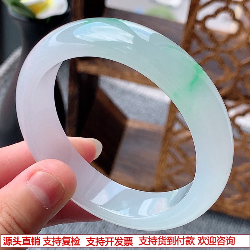 缅甸A货天然翡翠老坑冰种白底青飘阳绿正装正圈手镯55-56圈口完美