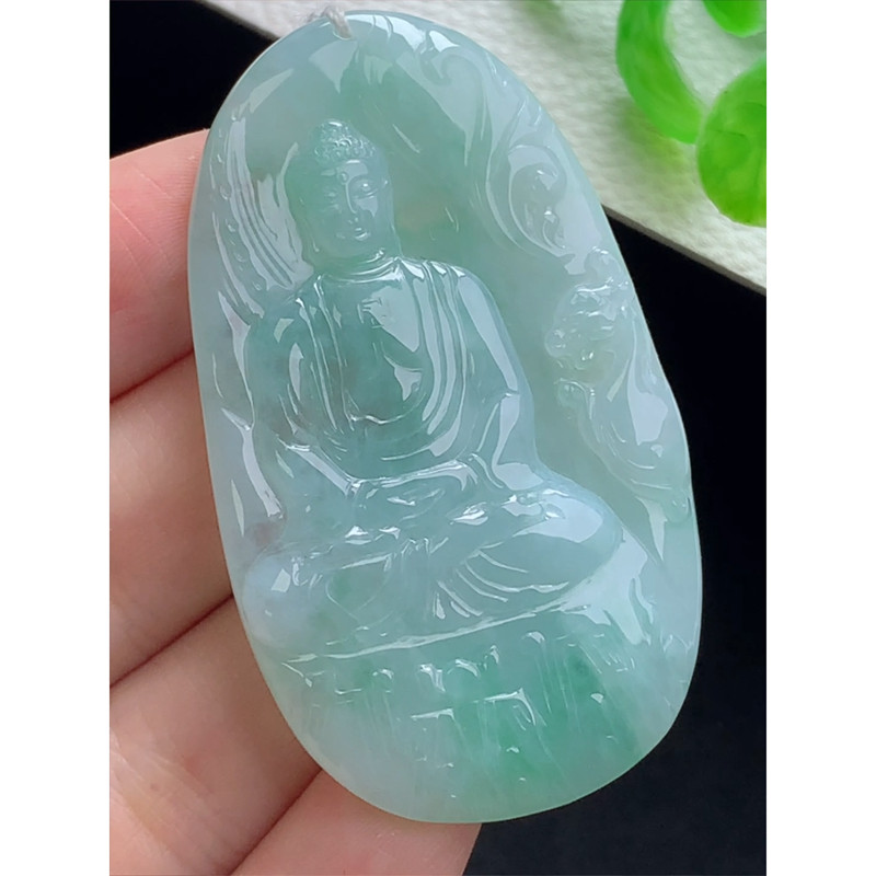 缅甸天然A货玉石翡翠 老坑冰种 手工精雕 大日如来牌吊坠