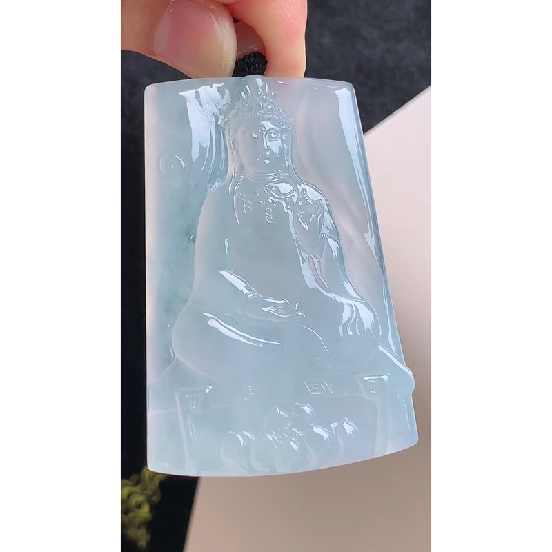 缅甸天然A货玉石翡翠 老坑冰种素衣观音吊坠