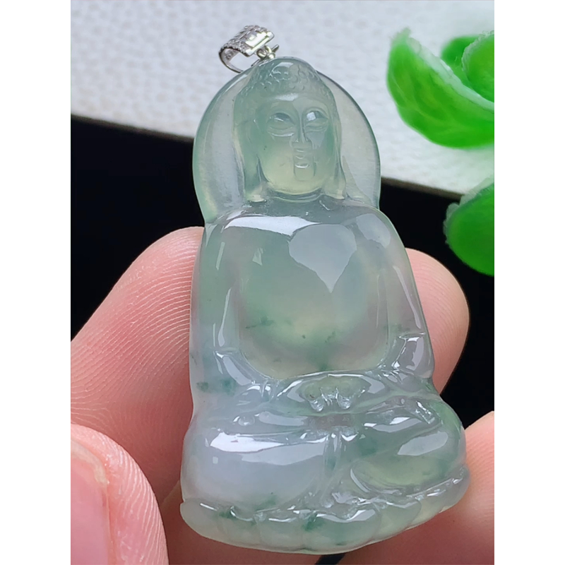 缅甸天然A货玉石翡翠 老坑冰种手工精雕 18k金扣镶大日如来牌吊坠