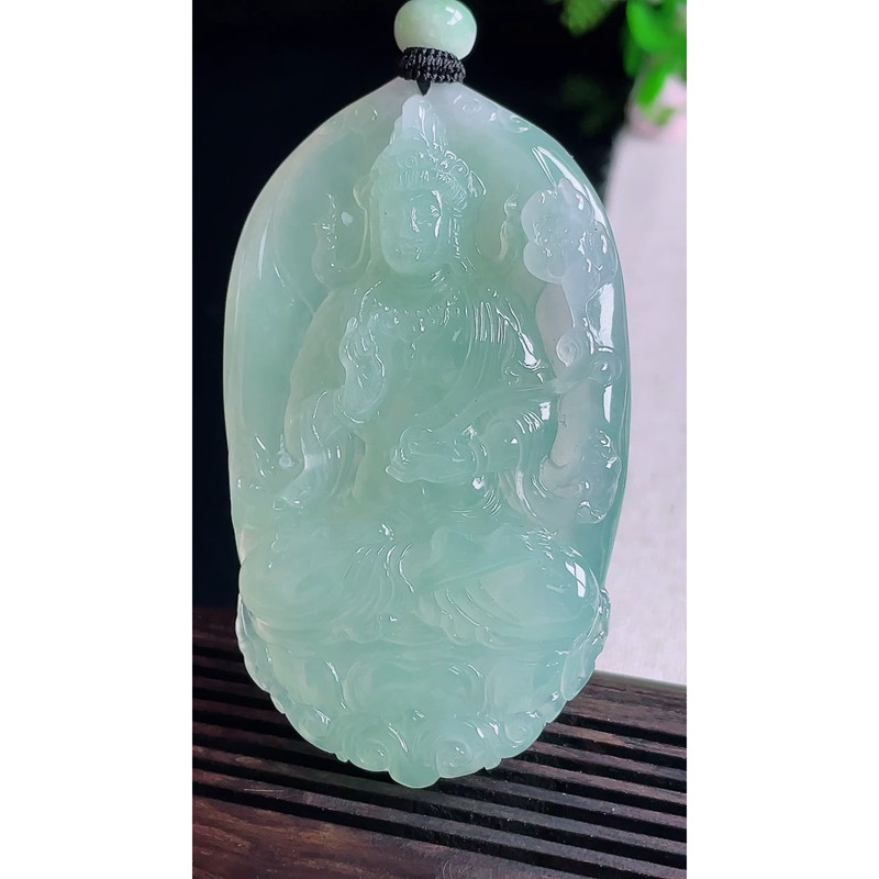 缅甸天然A货玉石翡翠 老坑冰种大势至菩萨吊坠