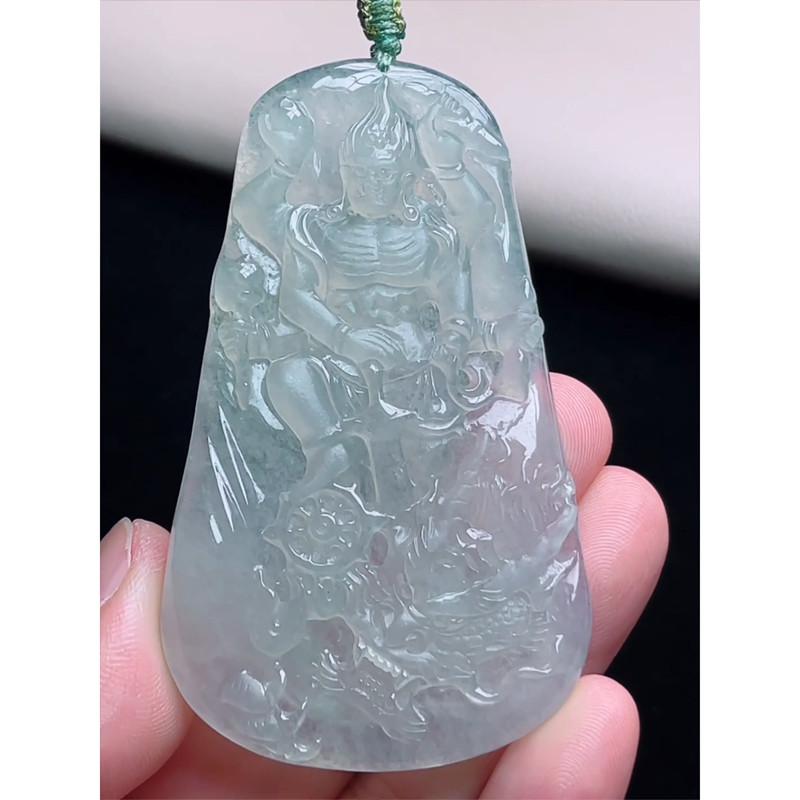 缅甸天然A货玉石翡翠 老坑冰种 手工精雕 御龙不动明王吊坠