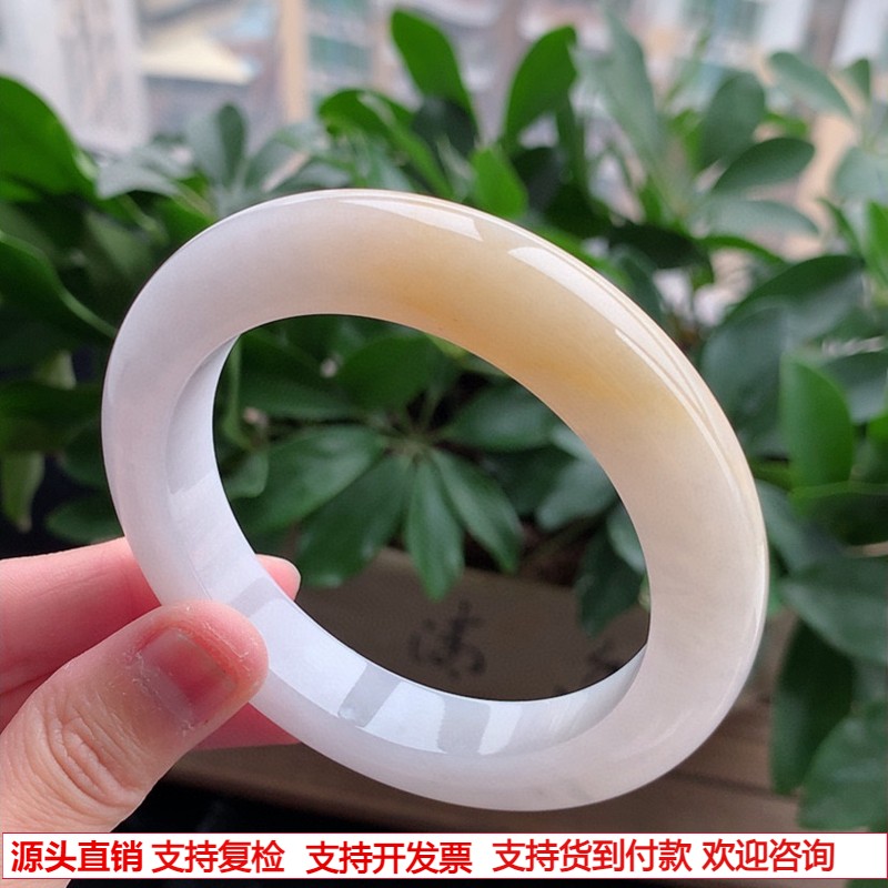 缅甸天然A货翡翠老坑冰种飘黄翡厚装正装正圈手镯60-61大圈口