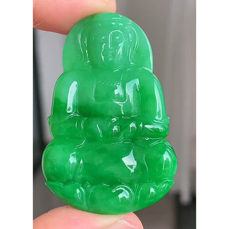 缅甸天然A货玉石翡翠 老坑冰种阳绿观音吊坠