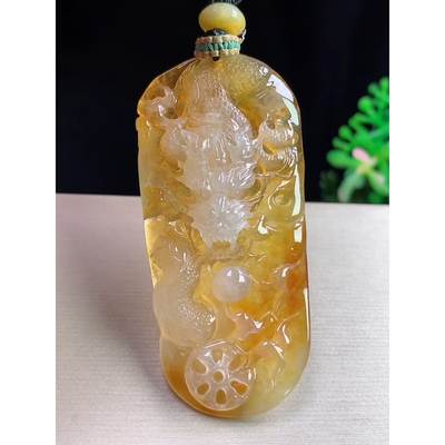 缅甸天然A货玉石翡翠 老坑冰种黄翡龙牌吊坠