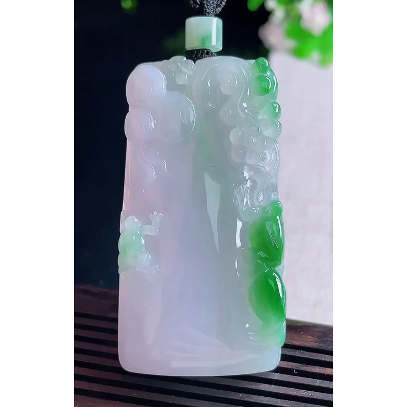 缅甸天然A货玉石翡翠 老坑冰种紫底飘阳绿竹节牌吊坠