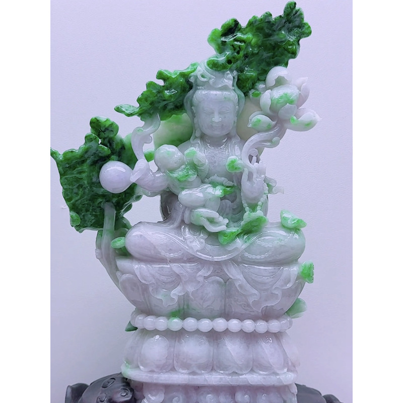 缅甸天然A货玉石翡翠孤品 精雕老坑春彩淡紫飘辣绿阳绿观音摆件