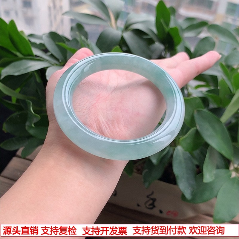 缅甸A货天然翡翠 老坑冰种飘花圆条手镯57-58圈口