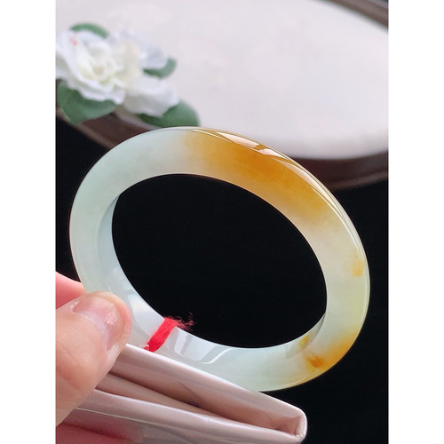 缘满家珠宝 缅甸天然A货翡翠 老坑冰种飘黄翡正装手镯52-53小圈口
