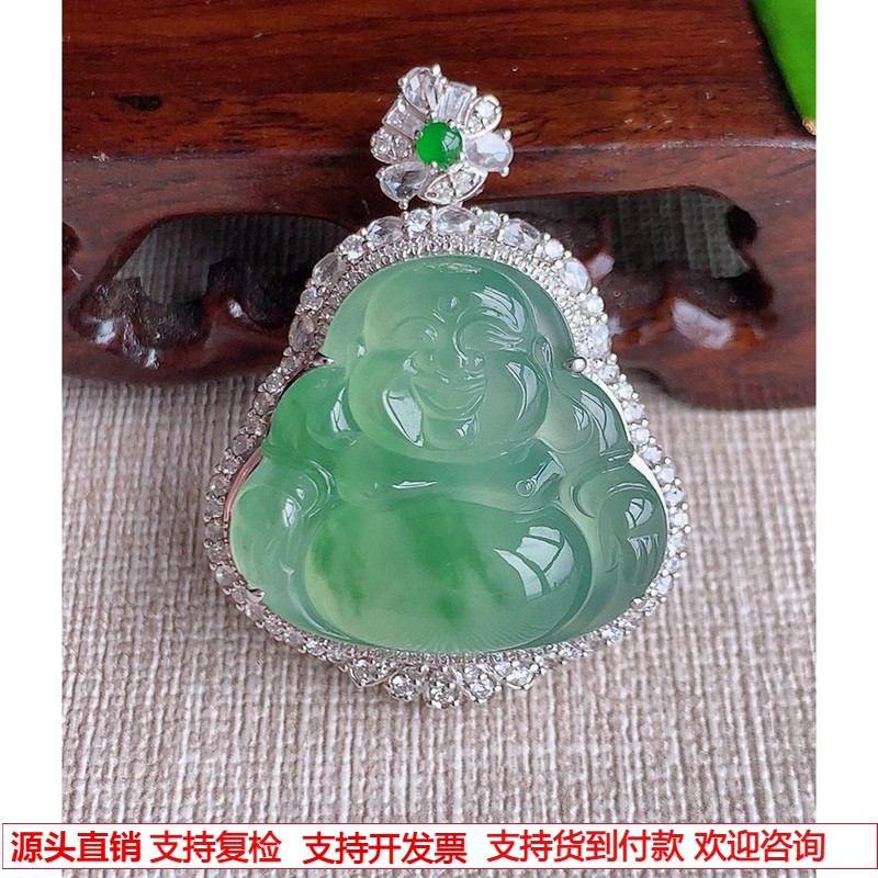缅甸天然A货玉石翡翠 老坑冰种18K金伴钻镶嵌飘绿佛公吊坠