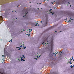 布久以逅中国风夏季改良旗袍麻料汉服苎麻印花布料连衣裙料  紫陌