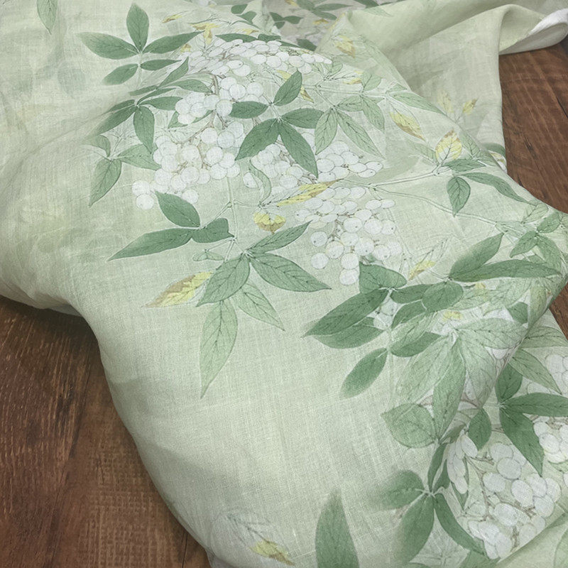 布久以逅42支淡绿色竹叶纯苎麻数码印花面料旗袍连衣裙布料  繁莳