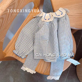 时尚 2025初秋新款 洋气T恤上衣春秋 女童小清新格子衬衫 童星圆