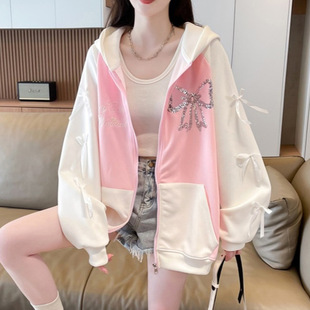 跨境拉链卫衣女宽松大码 连帽外套 撞色蝴蝶结设计感加绒加厚开衫