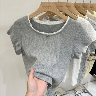 方领上衣女半袖 灰色正肩短袖 蕾丝花边短款 2025新款 体恤 t恤女夏季
