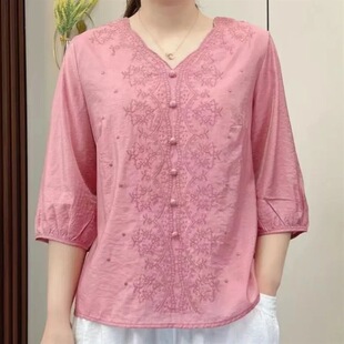 时尚 大码 文艺刺绣棉麻v领中袖 2025春夏新款 休闲宽松纯色上衣 女装
