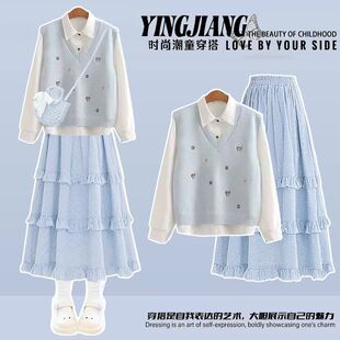 少女学院风针织马甲外套半身裙一整套 2026新款 初中女生春装 套装