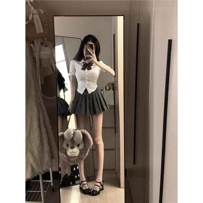 jk制服收腰衬衫百褶裙套装夏季女纯欲风短袖上衣学院风穿搭套装