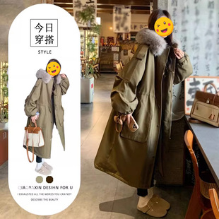 大毛领派克服女2025新款冬季韩版中长款棉衣棉服加绒加厚工装外套