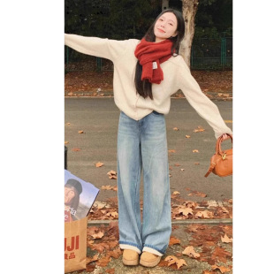 复古蓝/浅色垂感直筒牛仔裤女2025年冬季新款爆款高腰加绒阔腿裤