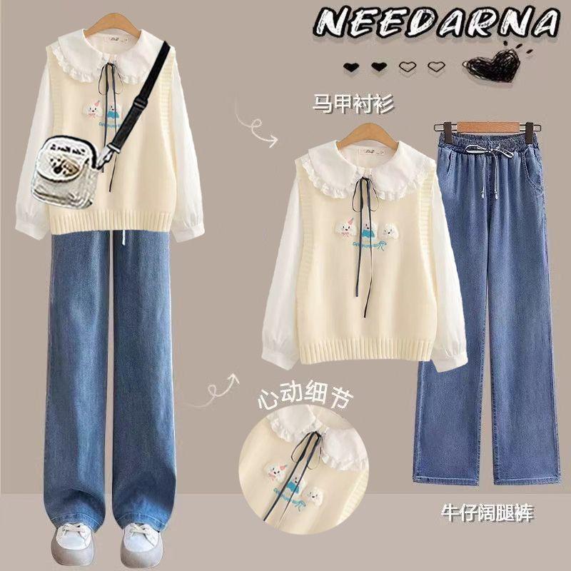 少女卡通刺绣马甲衬衫两件套2025秋装新款初高中学生娃娃领衬衣