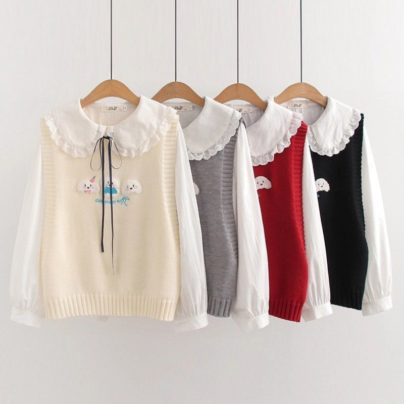 少女卡通刺绣马甲衬衫两件套2025秋装新款初高中学生娃娃领衬衣