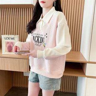 宽松休闲撞色上衣 韩版 bf慵懒风字母Polo翻领长袖 卫衣女2025新款