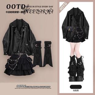 大方得体绝美黑色 又酷又飒 机能风辣妹皮衣外套早秋季 女装