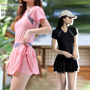 男士 显瘦遮肚大码 泳衣保守修身 韩国撞色连体泳衣拼接学生裙式