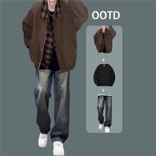 美拉德假两件夹克男生秋季 痞帅高级感潮流 外套搭配时髦牛仔裤