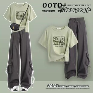 女学生韩版 甜酷套装 宽松设计感T恤 工装 2024夏季 阔腿裤 新款