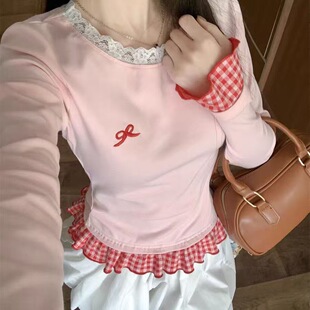 蝴蝶结刺绣假两件长袖 上衣 T恤女秋冬粉色蕾丝拼接格子内搭打底衫