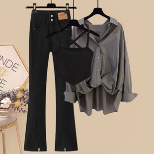 背心牛仔裤 春季 港风复古显瘦气质衬衫 穿搭女2024新款 两件 时尚