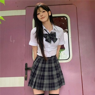 别致碳灰格裙短裙甜辣学院风套装 衬衫 原创jk制服收腰紧身短袖 夏季