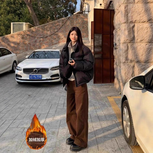 子 阔腿裤 复古棕咖色直筒牛仔裤 女2025秋冬美拉德加绒高腰显瘦窄版