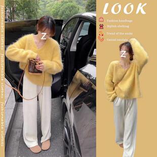 百搭黄色针织上衣休闲裤 女深秋初冬新款 子 套装 今年流行时尚