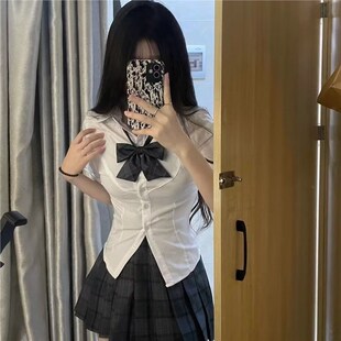 甜辣纯欲风衬衣女百搭学院风夏季 修身 jk原创制服套装 收腰衬衫