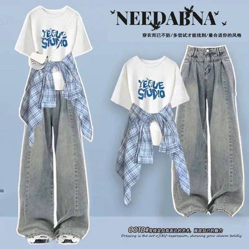 盐系穿搭三件套装夏日新款初中生少女衬衫牛仔裤多巴胺一整套