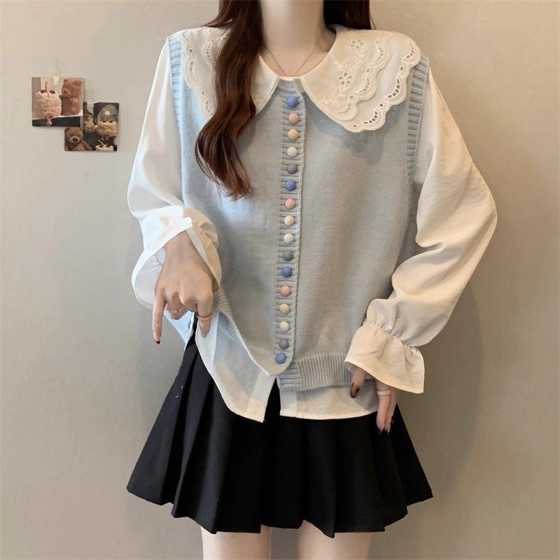 浅蓝色软糯彩扣针织马甲女春季新款蕾丝娃娃领衬衫上衣两件套,女装/女士精品,休闲运动套装,淘宝优惠券,粉丝福利购,淘宝优惠卷