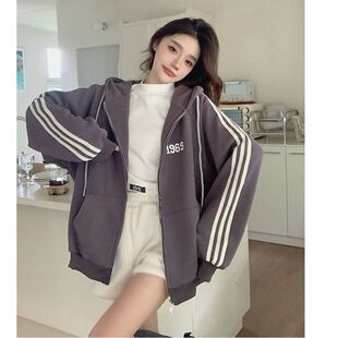 连帽 拉链宽松大码 跨境三条杠插肩卫衣女秋冬新款 加绒加厚开衫