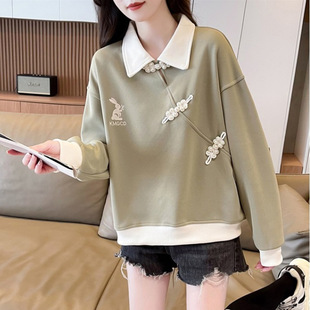 上衣 秋季 polo领卫衣女小个子短款 绣花设计感中国风盘扣2025新款