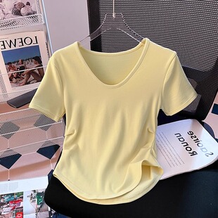 上衣莫代尔弹力V领双侧褶皱收腰显瘦T恤 短袖 黄色小清新夏季 新款