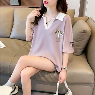 宽松韩版 2025新款 v领设计感上衣 t恤女夏季 撞色polo领华夫格短袖
