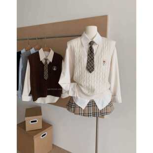 学院风领带套装女2025早秋季新款复古针织马甲背心长袖衬衫两件套