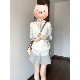 甜美学院风海盐芝士针织背心马甲毛衣女学生长袖 两件 条纹衬衫