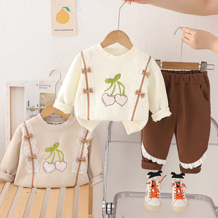 女童卫衣套装春秋2025新款小童女孩洋气春装儿童蝴蝶结樱桃