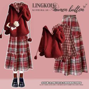 韩系秋冬圣诞穿搭职业套装女超火巨好看的冬装小个子红色连帽毛衣